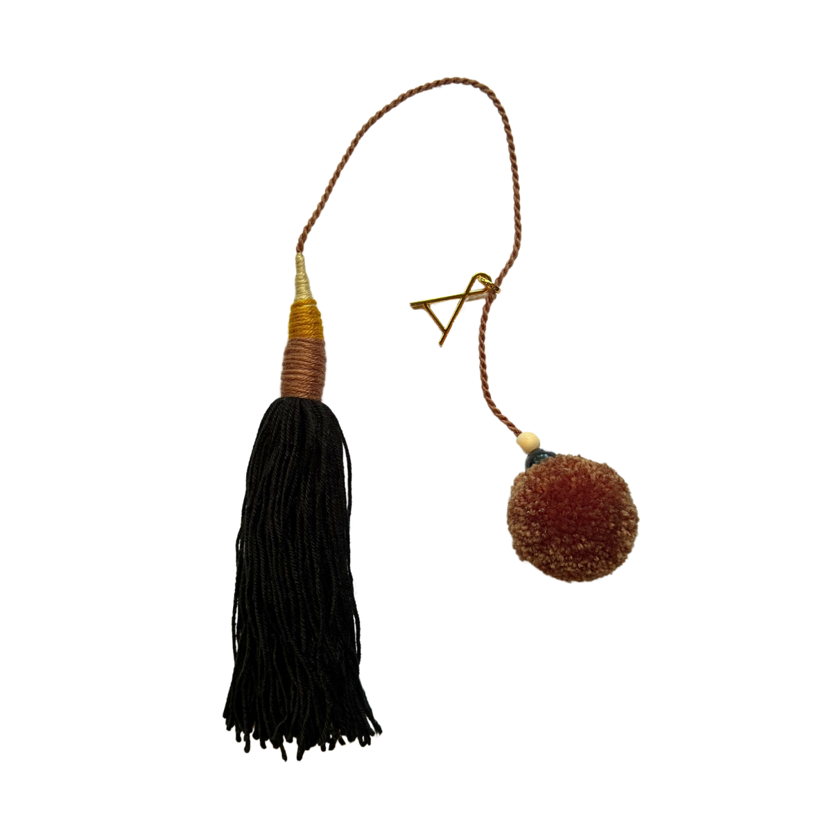 Black/Tan Wool Wood Tassels with brown pompom by Among Equals